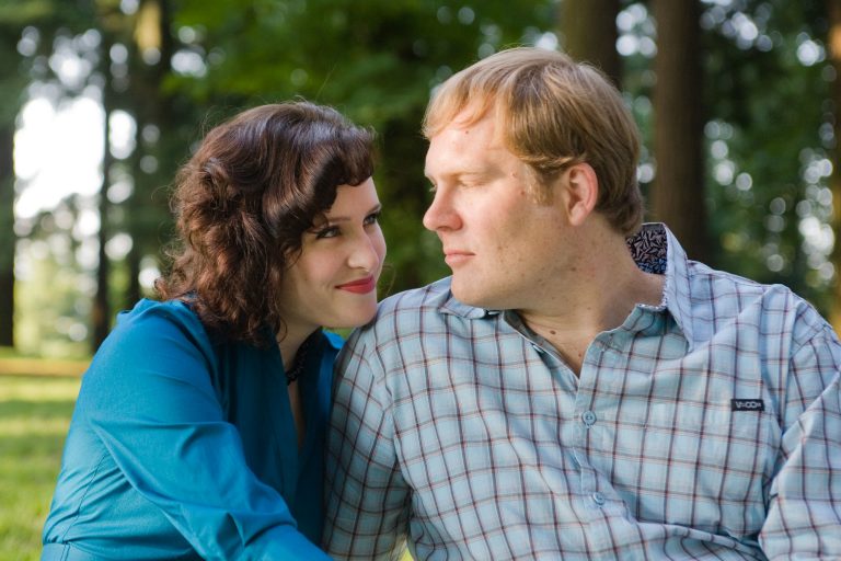 bride and groom gazing at each in engagement photo